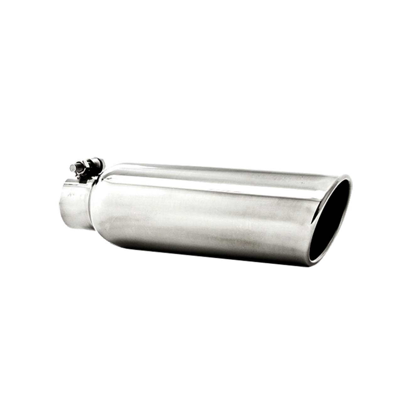 T304 Stainless Steel Tip 3.5" OD; 2.25" inlet; 12" length; Angled Cut Rolled End; Clampless-no weld