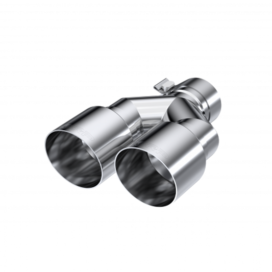 T304 Stainless Steel Tip; 2.5" ID, Dual 3.5" OD Out, Staggered Left 9.5"/ Right 9" length, Single wall